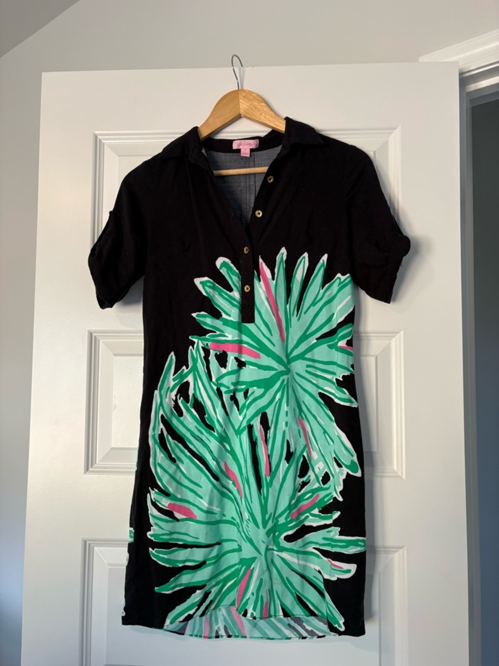 Lilly Pulitzer Black Green Pink Elexa Tunic Shirt Dress Collared Button Size 0